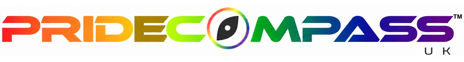 Pride Compass UK — rainbow wordmark with compass symbol
